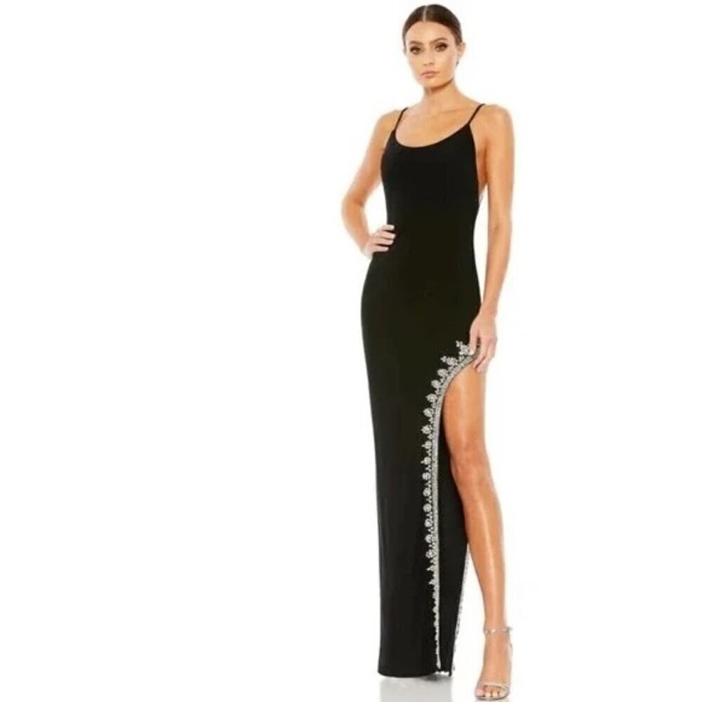 MAC DUGGAL Black Maxi DRESS Size 12 Rhinestone Side Slit Cami Bodycon 42002 New - Picture 1 of 8